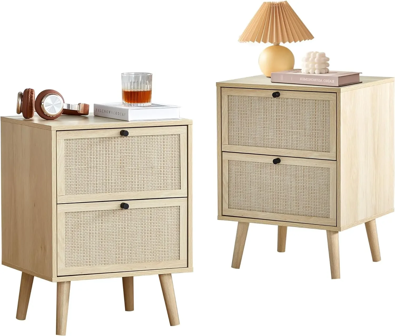 

Rattan Nightstand Set of 2, Wood End Tables with Drawers, Boho Bedside Table Storage Side Table for Bedroom Living Room