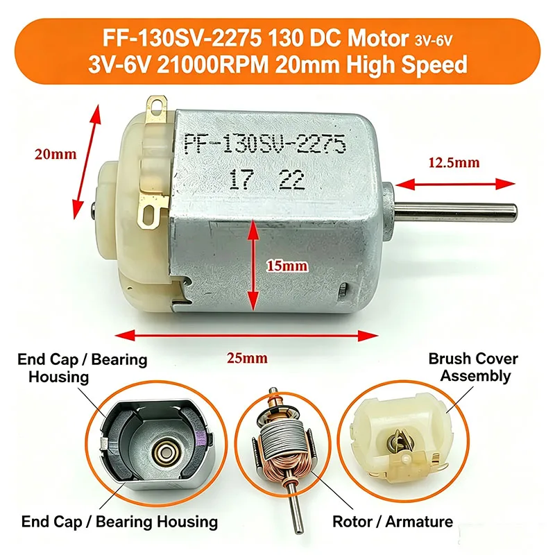 Mini 130 Motor FF-130SV-2275 High Speed 21000RPM DC Electric Micro 20mm for DIY Hobby Toy Car Boat Fan Model - 3V 3.7V 5V 6V Opt