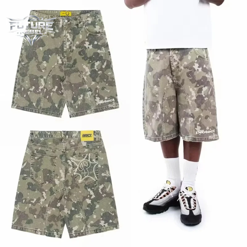 Mens Denim Shorts Vintage Camo Embroidery Protect Streetwear Harajuku Unisex Loose Fit Washed Five Length Casual Fashion Trend