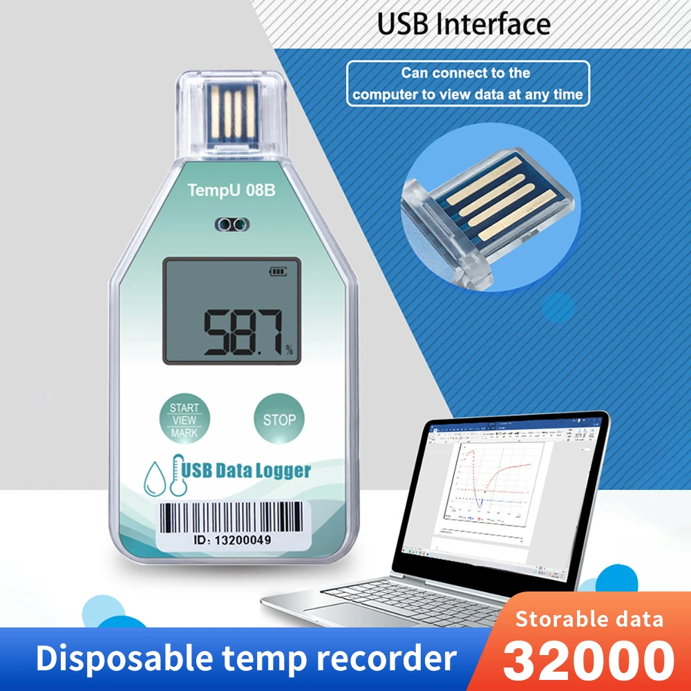 

2024 Новый термометр, 32000 точек, USB-регистратор данных температуры и влажности, IP67, одноразовый рекордер с предупреждением, отчет в формате PDF