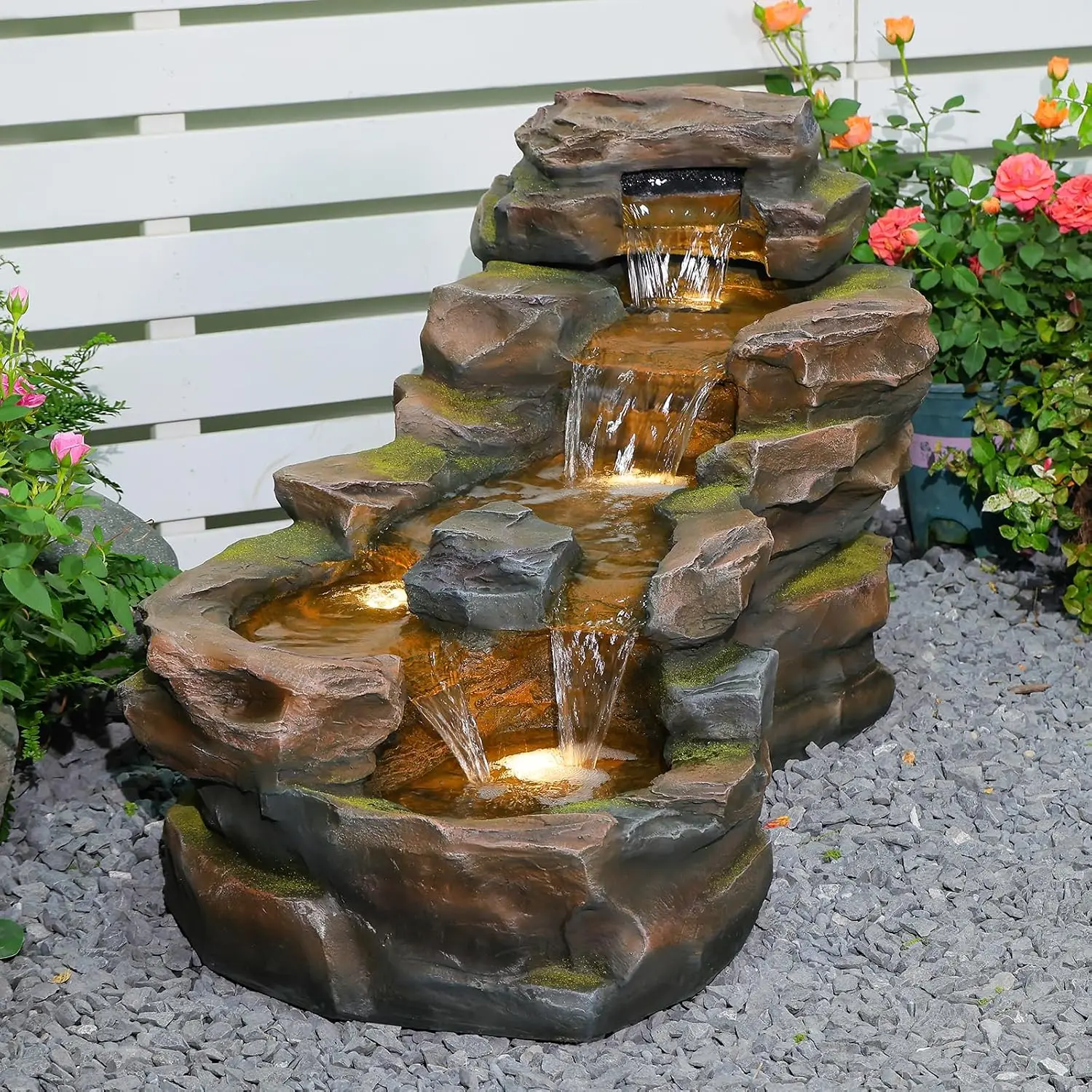 5-Tier Rock Waterfall Fountain Outdoor Garden Floor Standing with LED Lights Patio Porch Home Decor, Customized