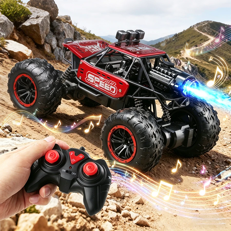 2.4g Remote Control Off-Road Alloy Car with Shock Absorbers, Climbing Fast Car with Music, Lights, and Spray, Children's Electric Rc Toy, Boys' Holiday Gift