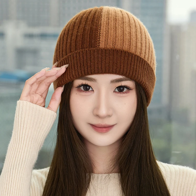 المرأة 100% الكشمير ثلاثة حبلا سميكة اللون منعت مخطط محبوك قبعة شتاء دافئ في الهواء الطلق يندبروف البلوز قبعات الرجال