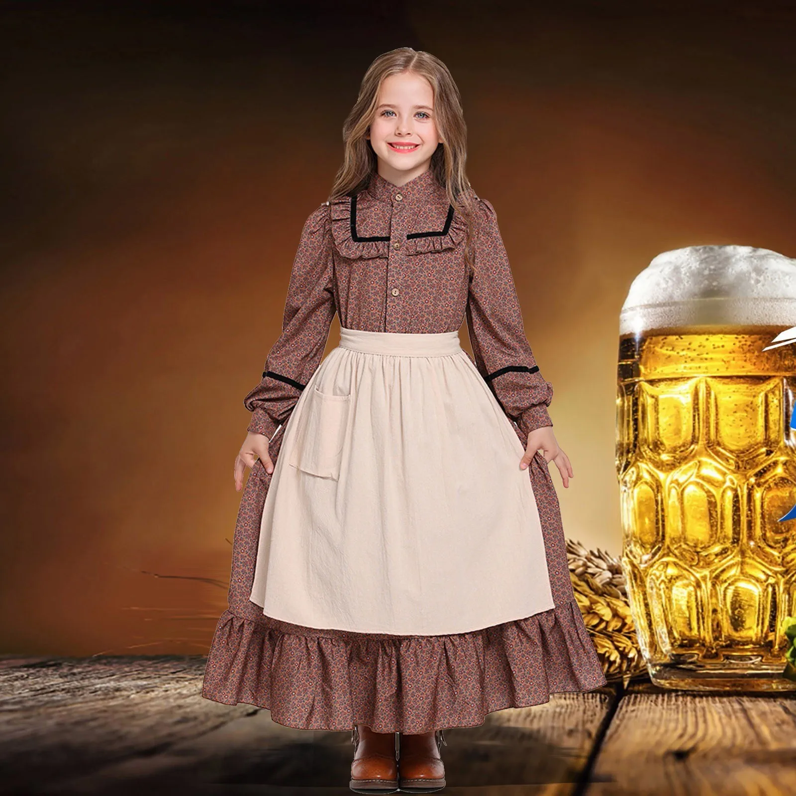 

2025 Cosplay Brown Floral Pioneer Girl Costume Little House Prairie Girl Pioneer Olden Day Cosplay Halloween Party Fancy Dress