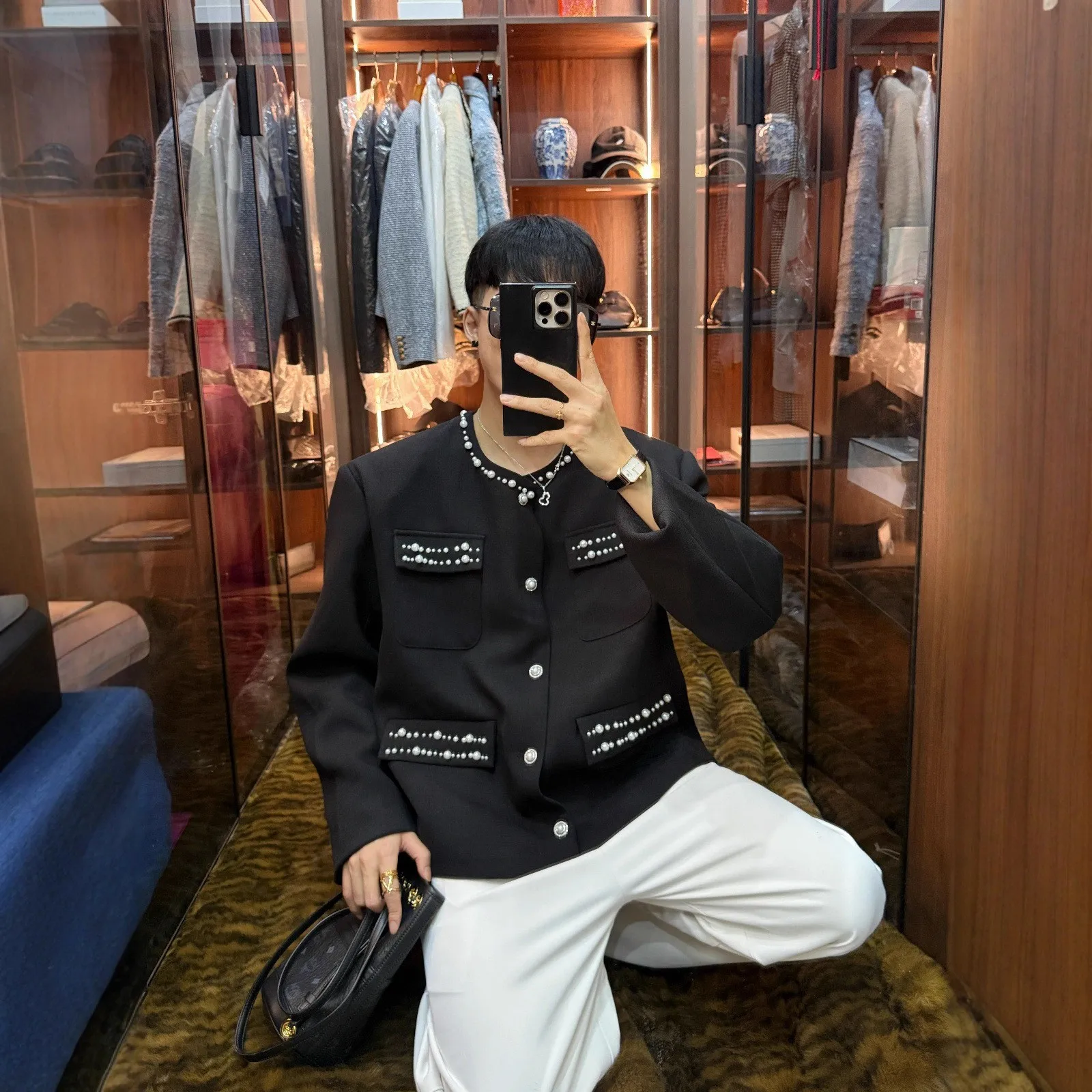 

Оригинальный роскошный свободный мужской джгут 202, осень-зима, модный брендовый топ из бисера, украшенный маленьким воротничком, топ Quali Knitte...