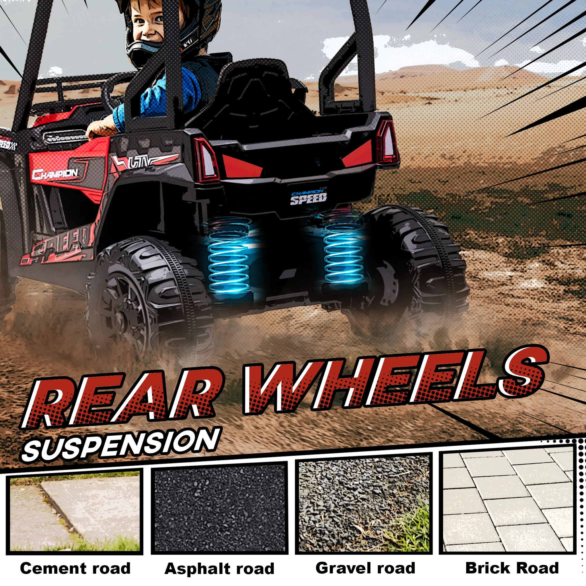 실제 서스펜션이 있는 야외 어린이용 전기 ATV 자동차 및 리모컨, 빨간색