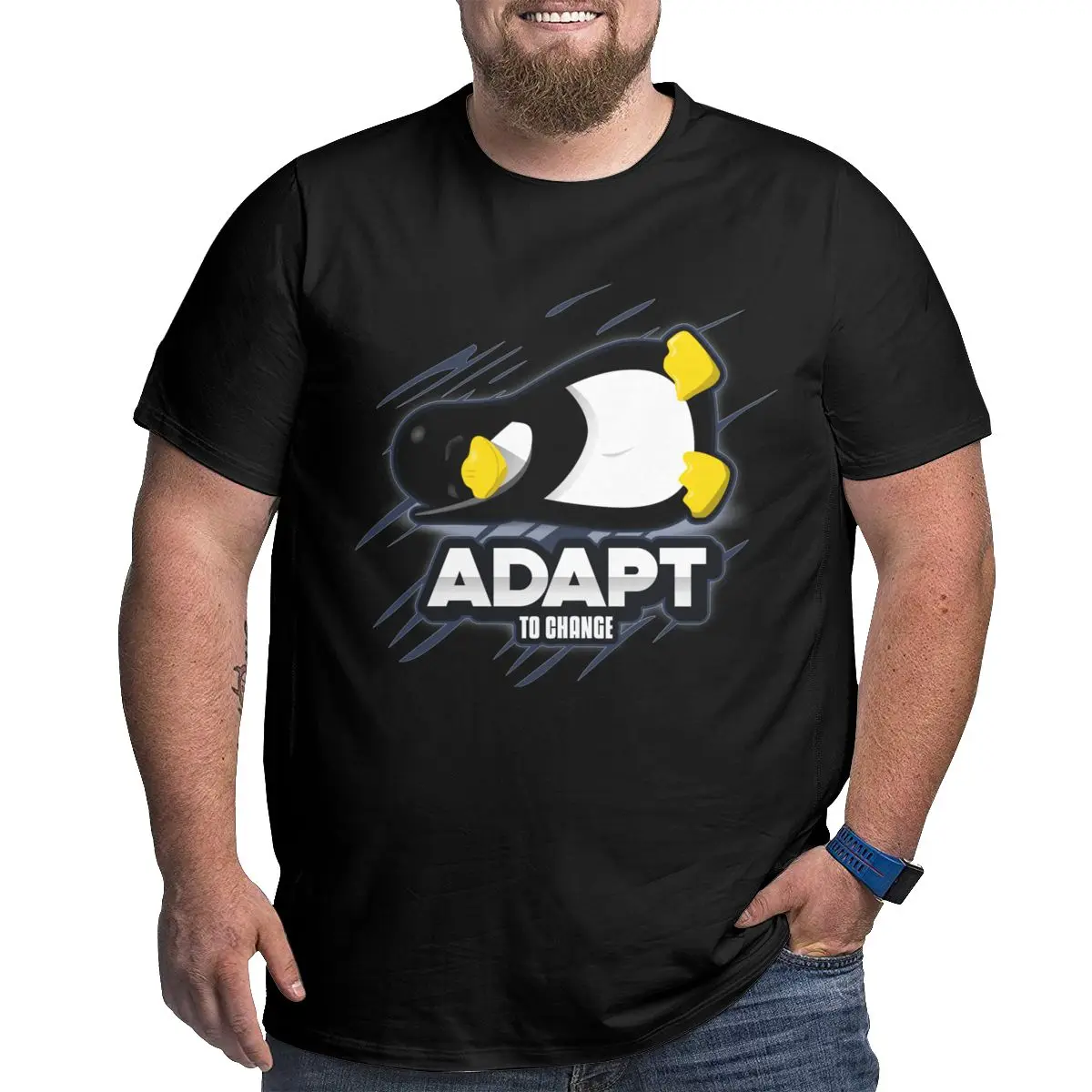 Men Adapt To Change Penguin Tux Linux Design Cotton printed Tops t shirts graphic Round Neck Big Tall Tee Plus Size 4XL 5XL 6XL