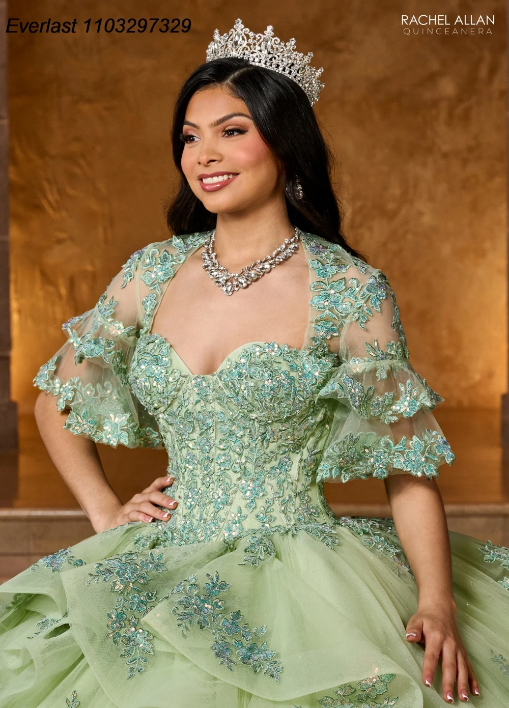 Evlast Glitter Mint Quinceanera Jurk Baljurk Kanten Applique Kristallen Kralen Met Cape Gelaagde Sweet 16 Vestido De 15 Anos Tqd461