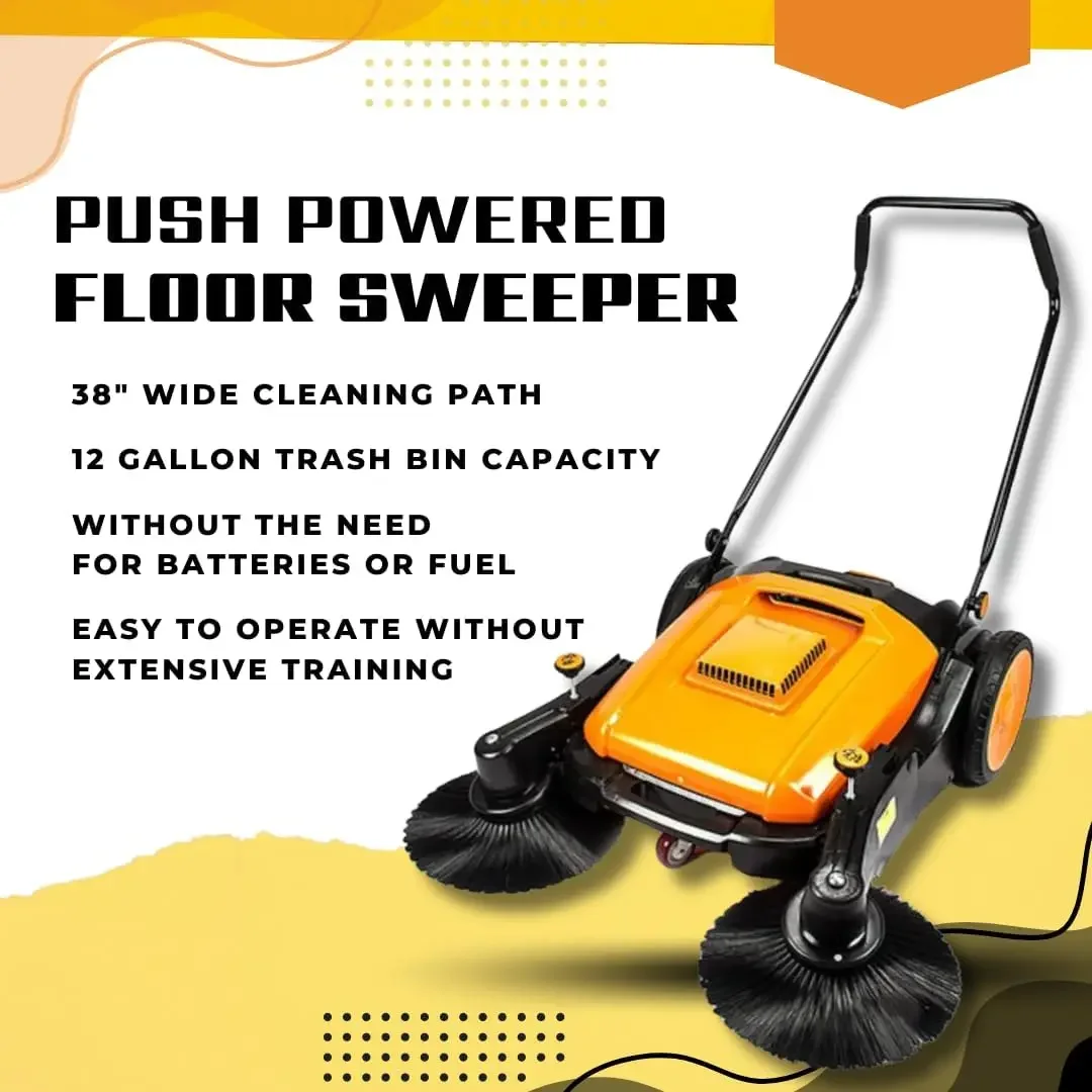 Floor Sweeper with Triple Brooms, 38 inch Outdoor and Indoor Hand Push Floor Sweeper, 38,000 Square feet per Hour, 12 gal Waste