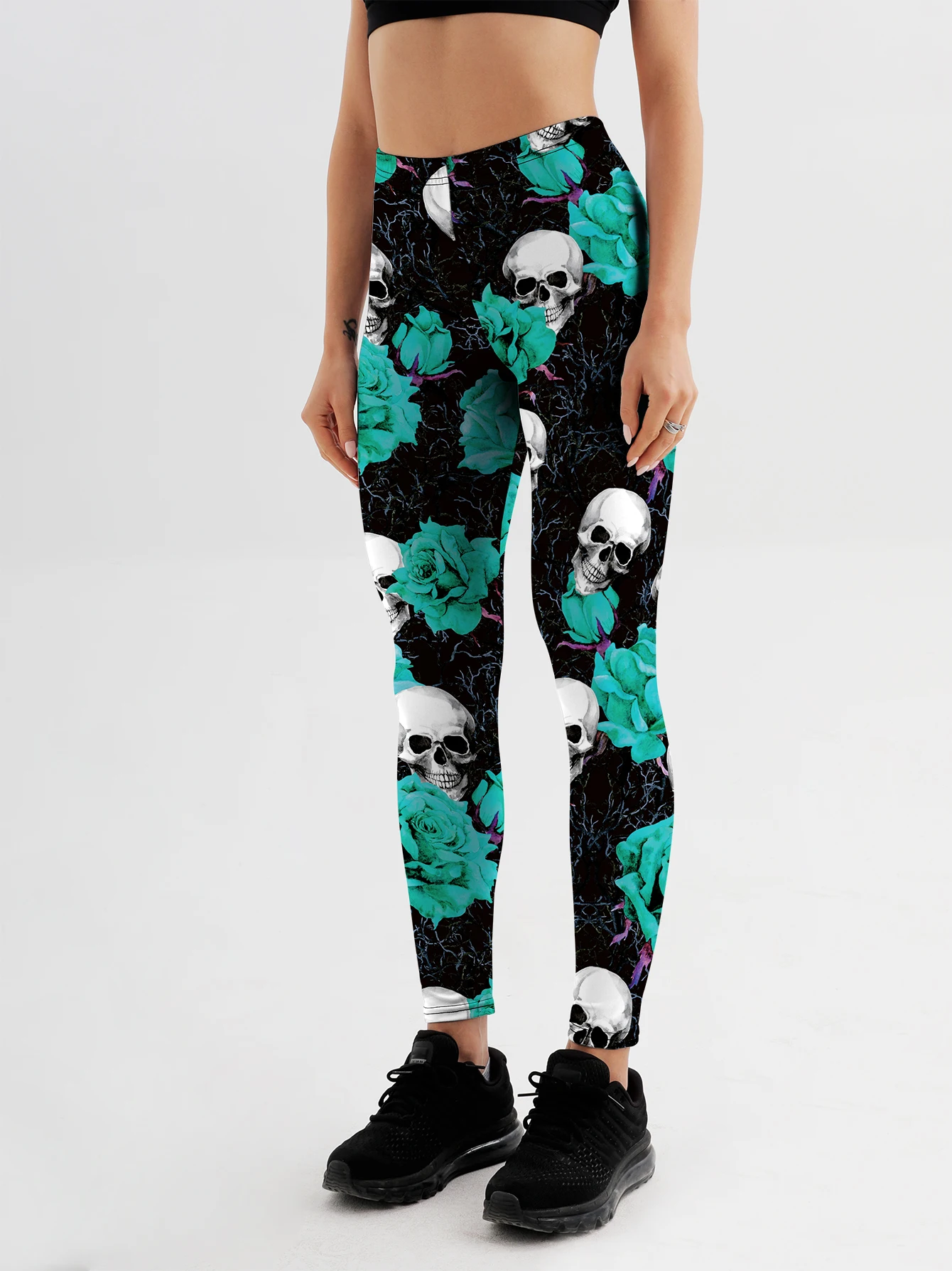 Fashion Women Flower Skull Printed Leggings For Fitness High Waist Gym Legging Push Up Workout Women Green Printed Leggings