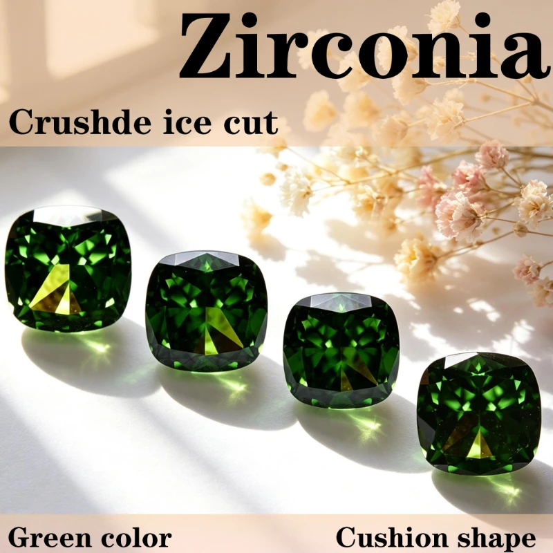 Kubisches Zirkonium, Crushed-Ice-Schliff, quadratische Kissenform, grüne Farbe, 5A+-Qualität, CZ, 4K-Schliff, hochkarätiger Diamant – Detail 1