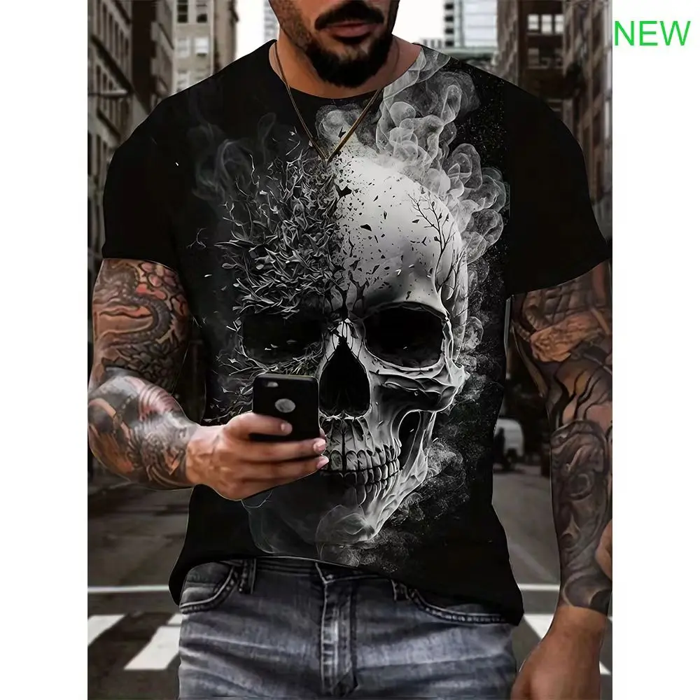 Men's y2k style skull pattern shirt, casual stretch breathable round neck short-sleeved T-shirt, urban street outdoor activities