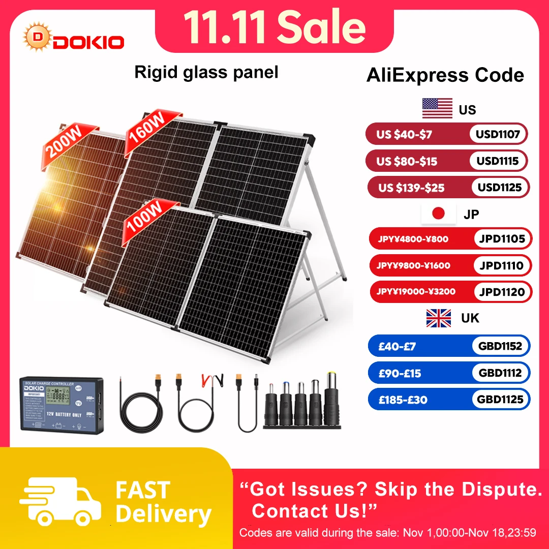 Dokio Foldable Solar Panel Suitcase for RV Camper Van Off Grid System, Monocrystalline 100W 160W 200W with 12V Controller