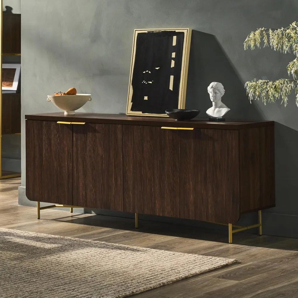 Lowen Contemporary Fluted-Door Sideboard, 69 Inch, Gold/Dark Walnut