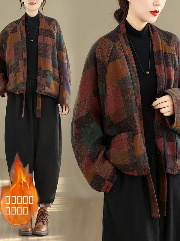 

Thiened Coat Large Size Faionable Versatile Batwing Sve Button Warm Cotton Clothes Casual Loose Fit Printed Long Sv...