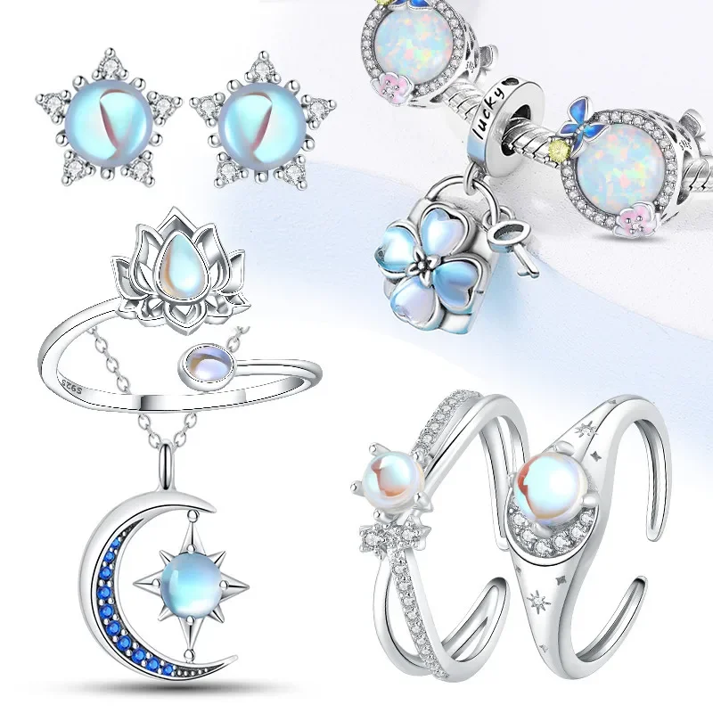 925 Sterling Silber offene Ringe niedlichen Schmetterling Mondstein vier blättriges Kleeblatt Charms Perlen feinen Schmuck für Frauen Party DIY