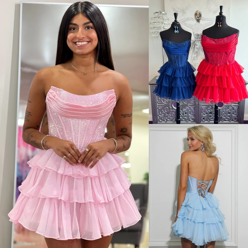 Corset Ruffle Cocktail Club Party Dress AB Crystal Short Sweet 16 Semi Formal Hoco Graduation Gown Pageant Interview Holiday