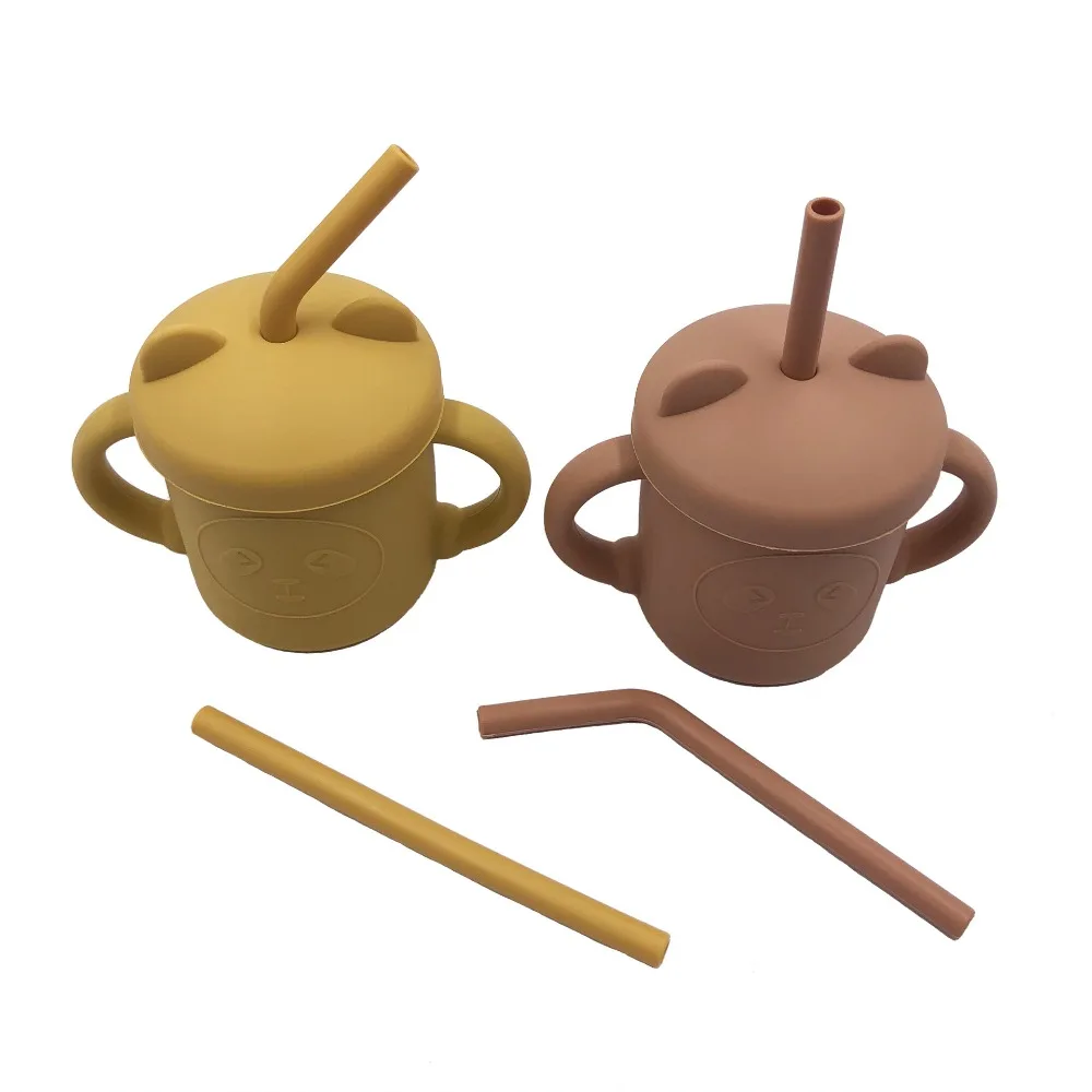 

Food Grade Silicone Baby Sippy Cups Leakproof Cartoon Panda Feeding Cup Sets Drop-proof Unbreakable Baby Straw Cup Kids