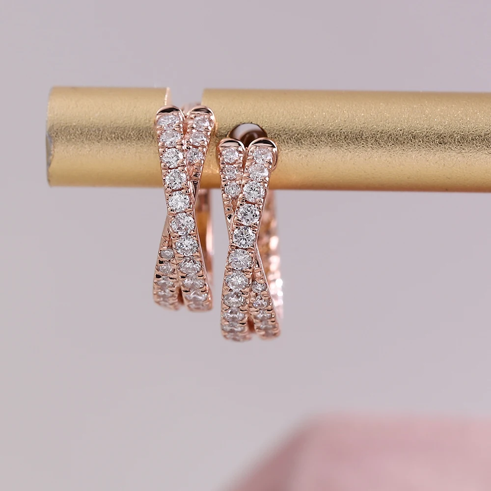 Provence 14K Rose Gold Two Rows Higgies Earrings With Round Moissanites For Lady Fashion Jewelry Accessories Gift Anniversary