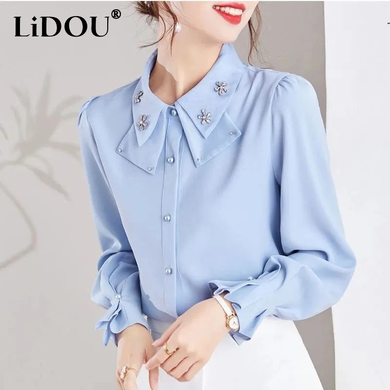 

Spring Autumn Women's Elegant Fashion Blouse Ladies Temperament Button Up Shirt Femme Solid Color Cardigan Top Female Clothes