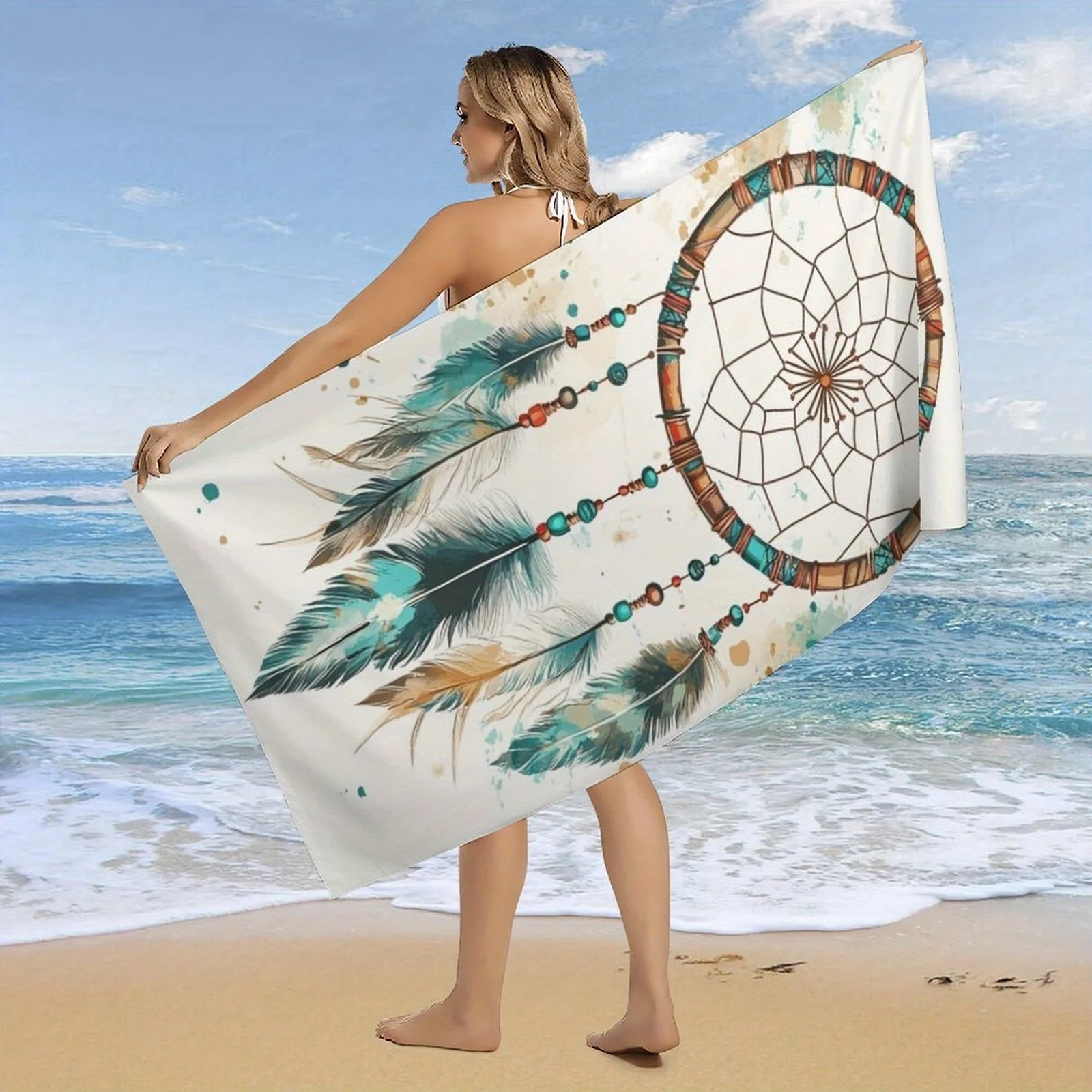 Large Quick-Dry Beach & Sport Towel - Super Absorbent Bath Towel with Turquoise/Beige Dreamcatcher Feather Design, Lightweight