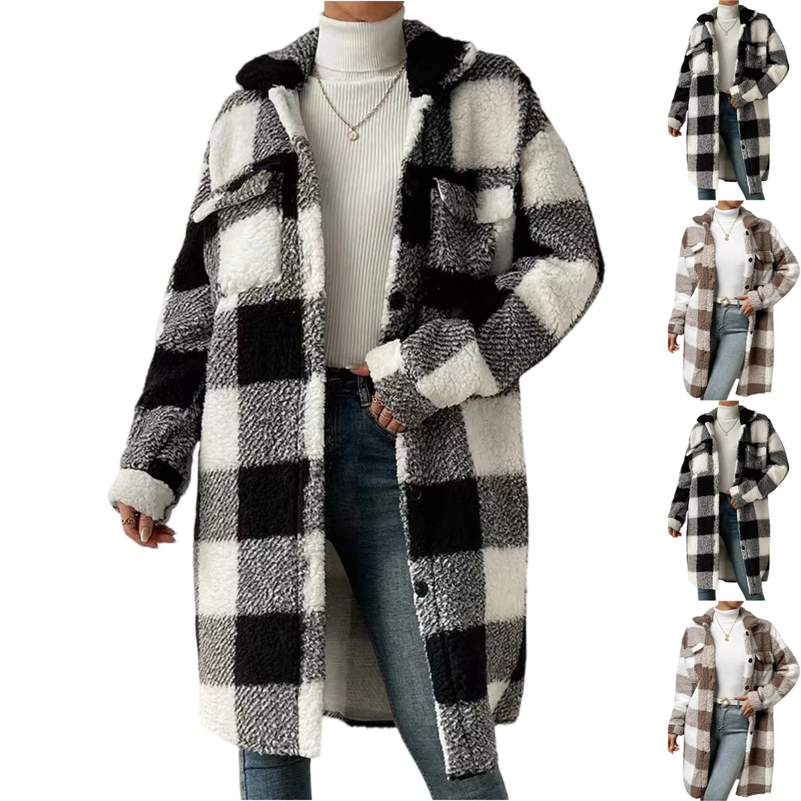 Women's Checkered Shirt Fashionable Button Long Sleeved Loose Casual Shirt Jacket Cardigan Jacket Au