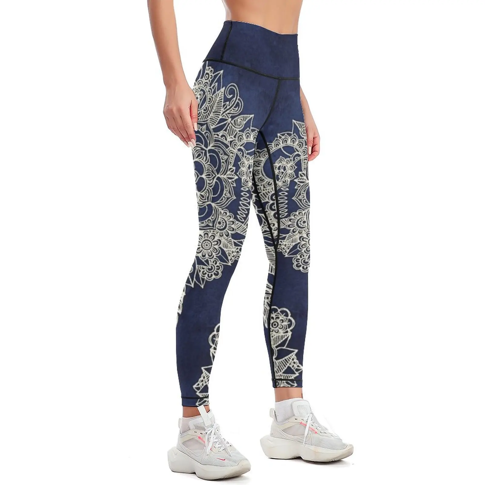 Cream Floral Moroccan Pattern on Deep Indigo Ink Leggings Sports pants for Women's sportswear Women's trousers Womens Leggings