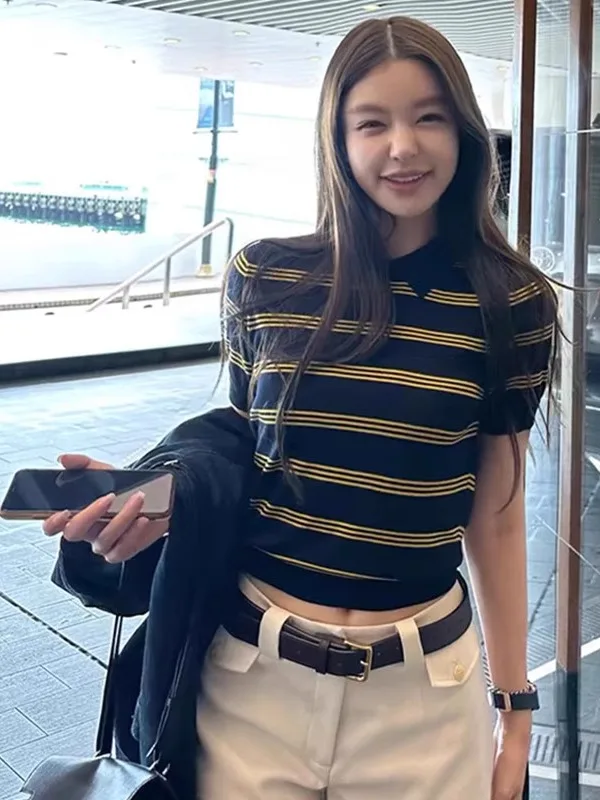 

Retro Color Blo Ne ort Sve T-irt Women's Summer New College Sle Design ort Knitted Small irt Korean Ver...