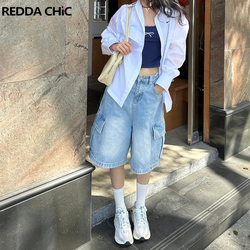 ReddaChic Women Big Pockets Baggy Jorts Solid Blue Low Waist Frayed Vintage Wash Denim Shorts Cargo Pants Grunge Y2k Clothes