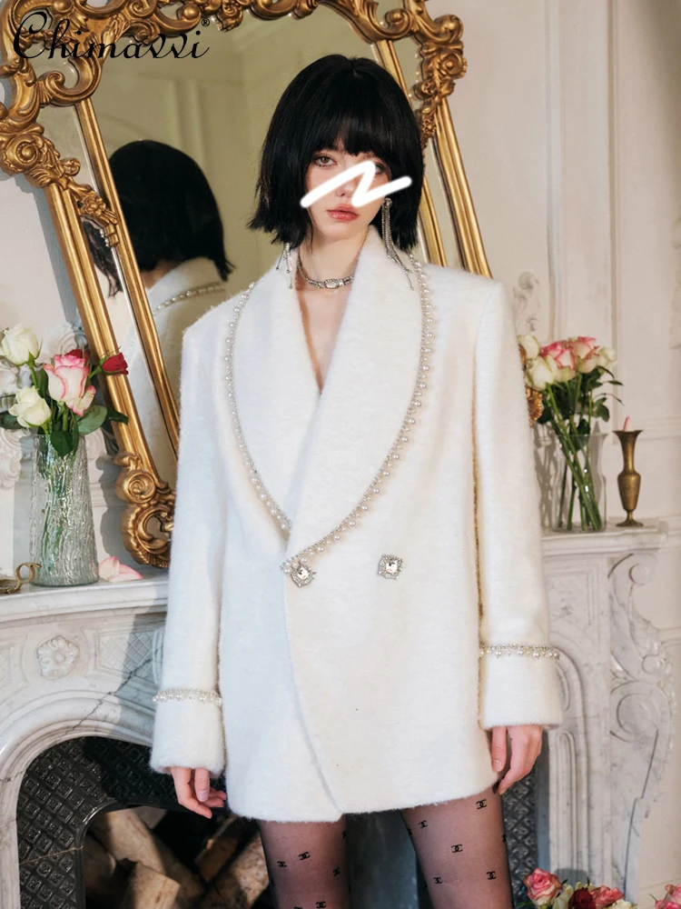 

High-Grade Heavy Beads Loose Furry Suit Jacket for Women 2023 Winter Clothes New Fashion Thickened Diamond Elegant Woolen Coat