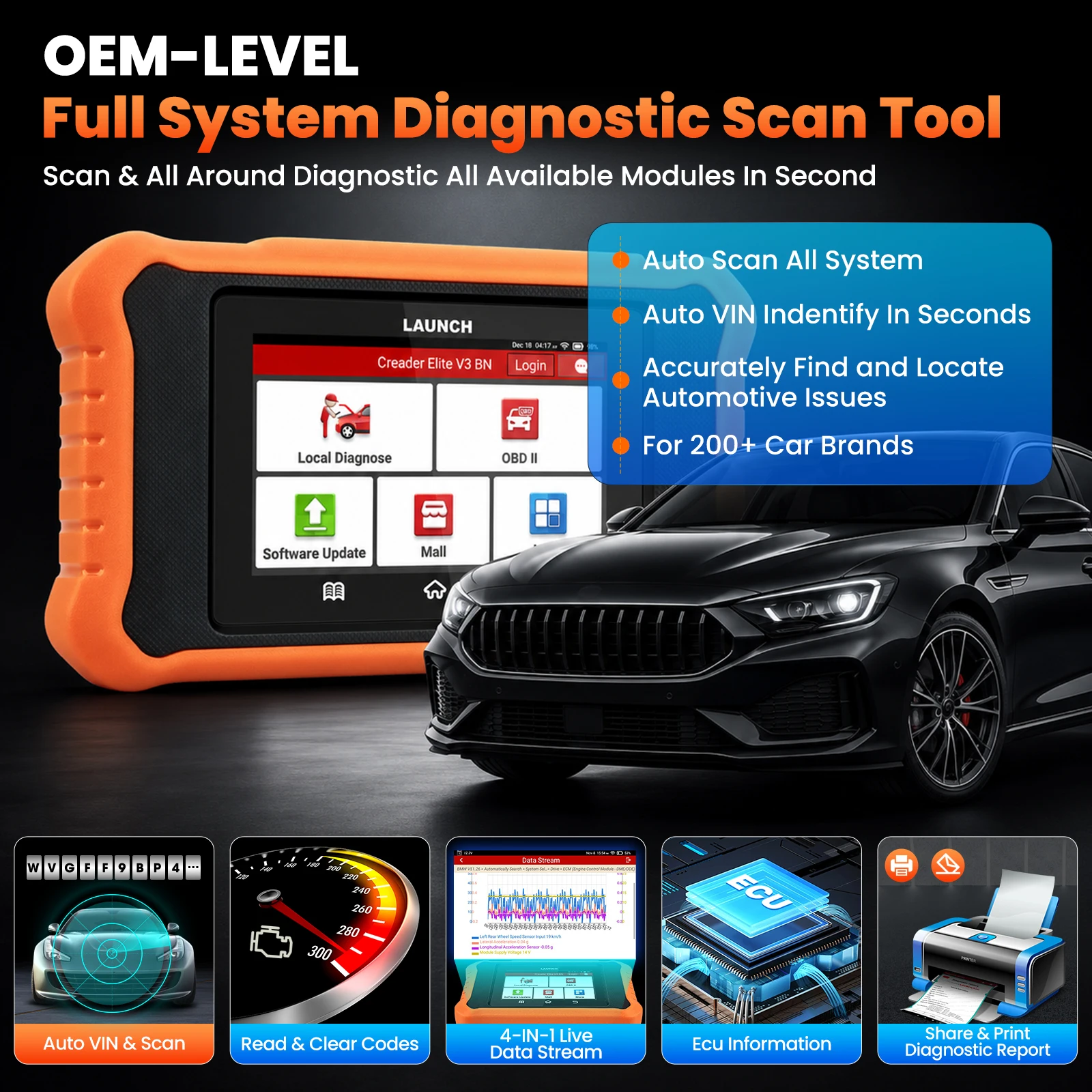 LAUNCH Creader Elite V3.0 Fit for Kia and Hyundai Bi-Directional Scan Tool, All Reset Functions, Full System Diagnostic Scanner, Full OBD2 Code Reader, ECU Code, AUTO VIN, Lifetime Free Update