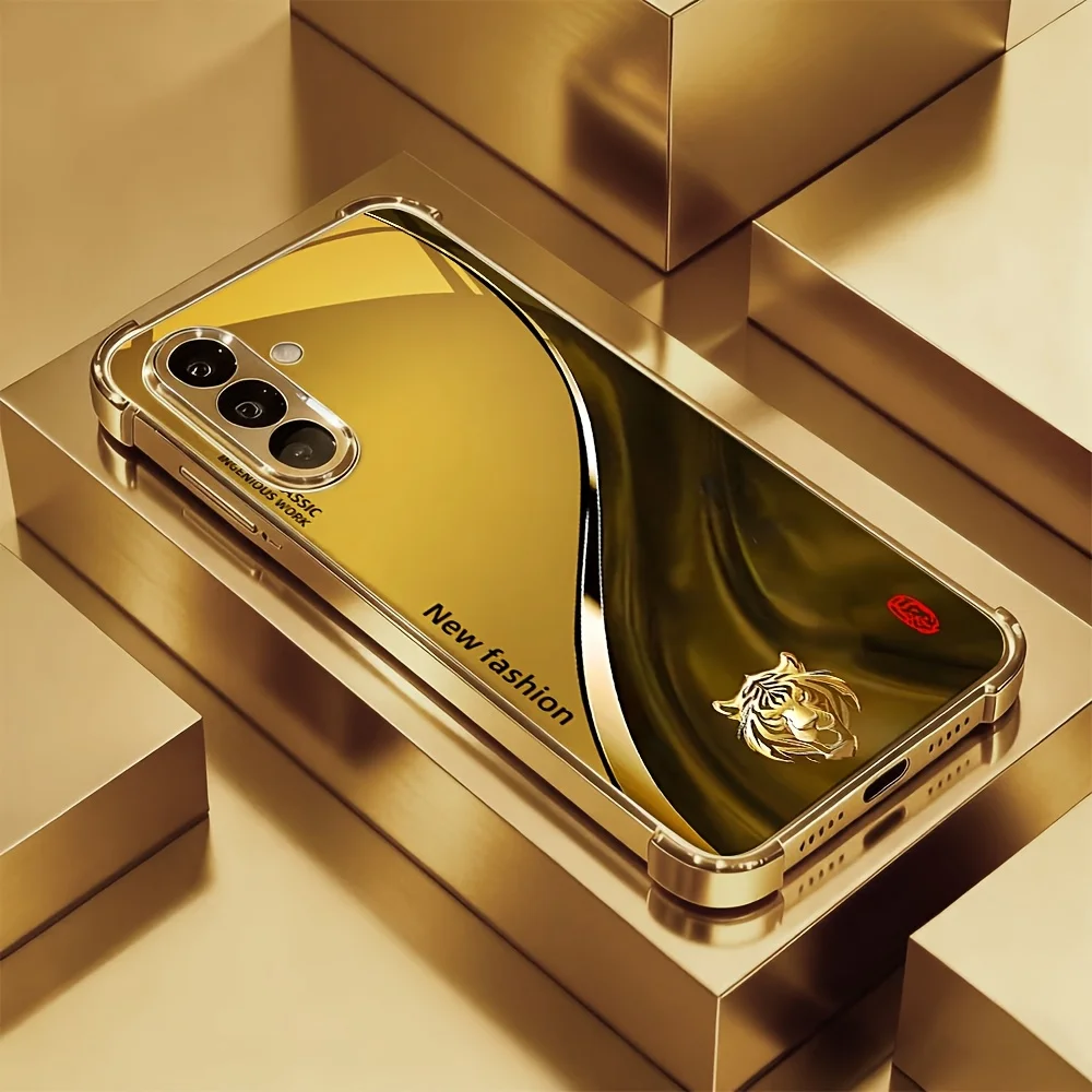 Glossy Golden Tiger Head Glass Phone Case for Samsung Galaxy S26 S25 S24 S23 S22 S21 FE Ultra Plus Four‑Corner Anti‑Drop Cover