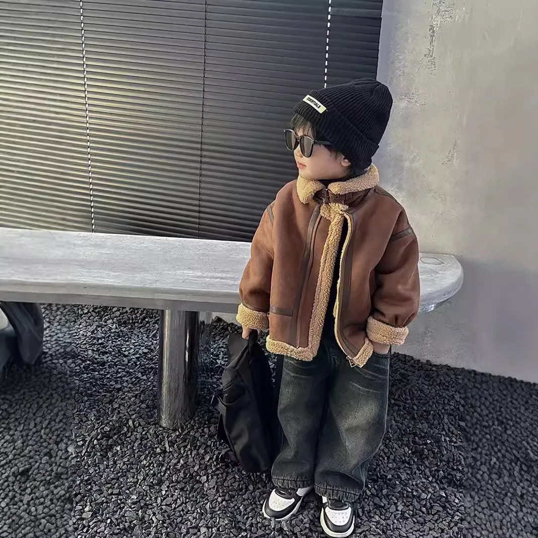 

Winter 2025 New Men's and Women's Stand Collar Motorcycle Jacket Fleece Thickened Suede Lambfleece Integrated Jacket