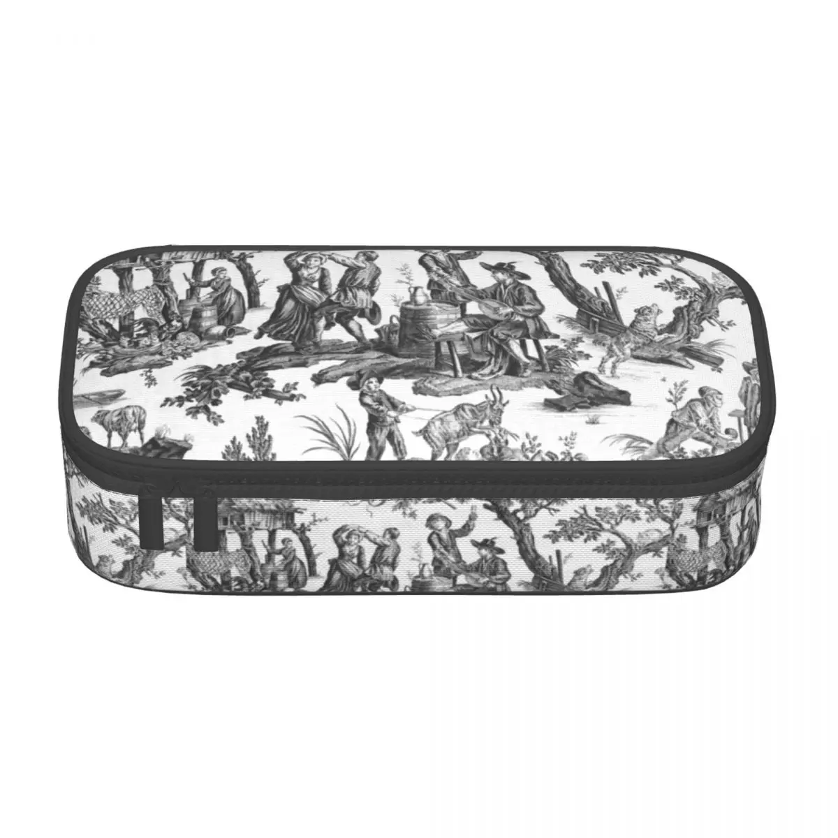 Customized Black And White Toile De Jouy Kawaii Pencil Case Large Capacity French Motifs Floral Pencil Box School Accessories