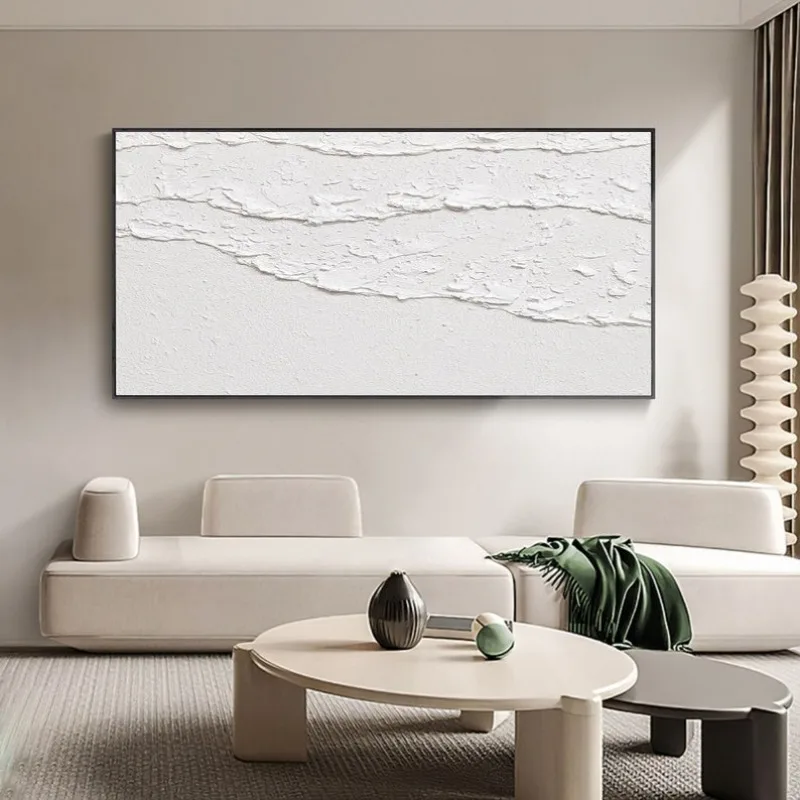 

Hand-drawn Large 3D White Minimalist Textured Wall Art - Modern Abstract Beach Painting Wave Art Decor for Living Room Bedroom