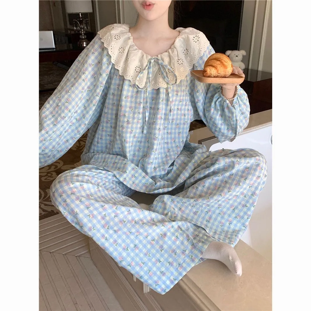 Woman Spring Autumn Turn-Down Collar Lace Pajama Set Girls Student Long-Sleeve Pants Casual Loungewear Soft Women Homewear Lady