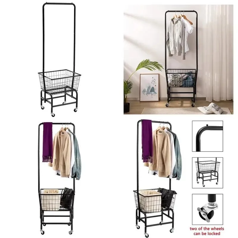 Black Metal Standing Hanger Corded Storage Rack Wheeled Iron Laundry Cart for Family Bedroom Wardrobes