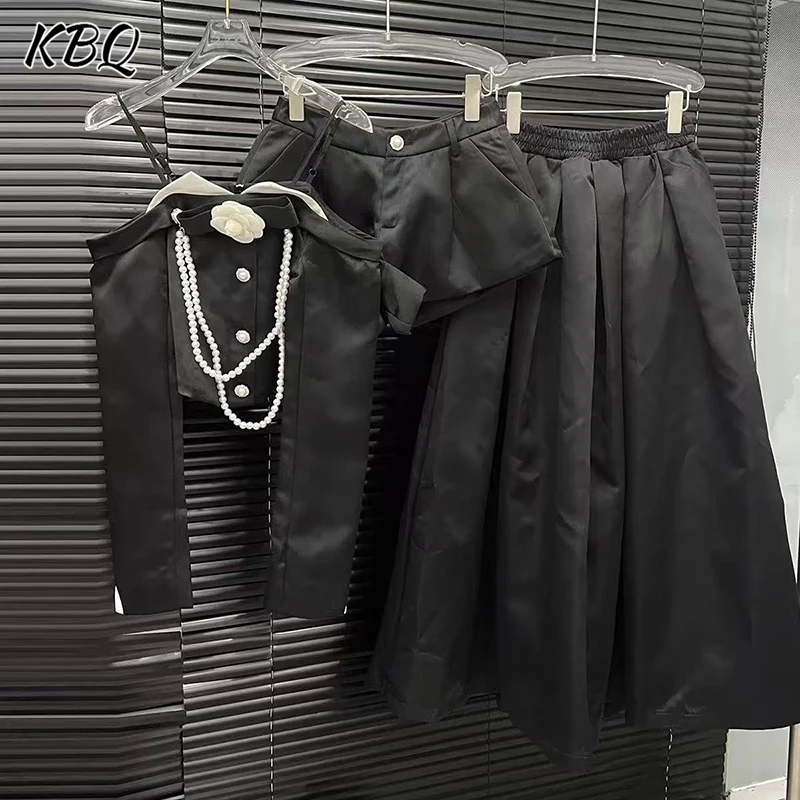 

KBQ Slimming Solid Three Sets for Women Square Collar Sleeveless Top High Waist Shorts A Line Skirt Summer Sexy Set Female New