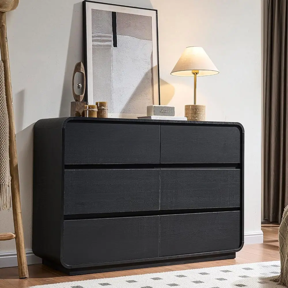 

6-Drawer Curved Dresser with 47 Wide Chest, Wood Storage Organizer for Closet, Living Room, or Hallway in Black