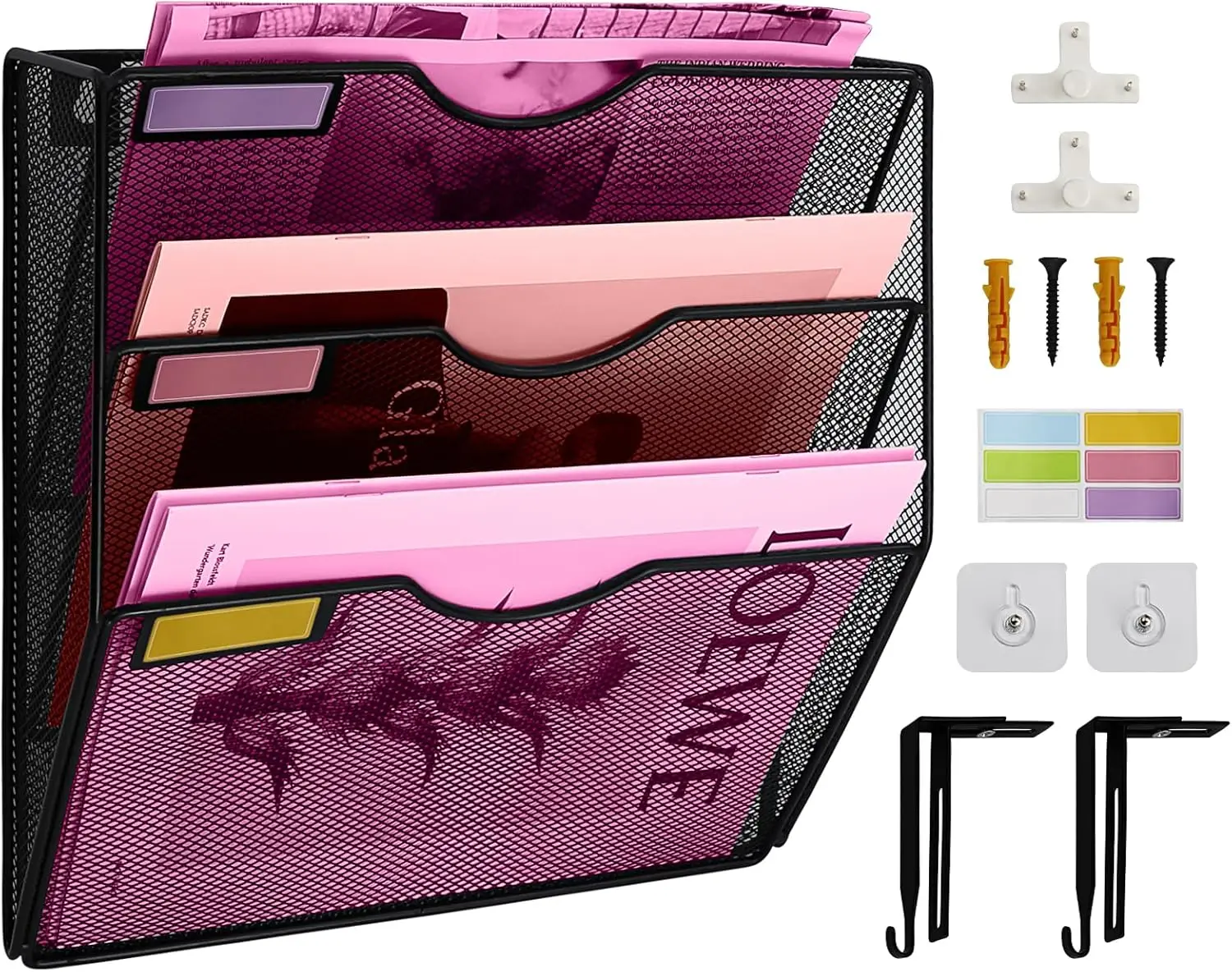 

Трехуровневый сетчатый настенный органайзер для документов с крючками, для хранения документов и журналов, компактное черное офисное хранилище