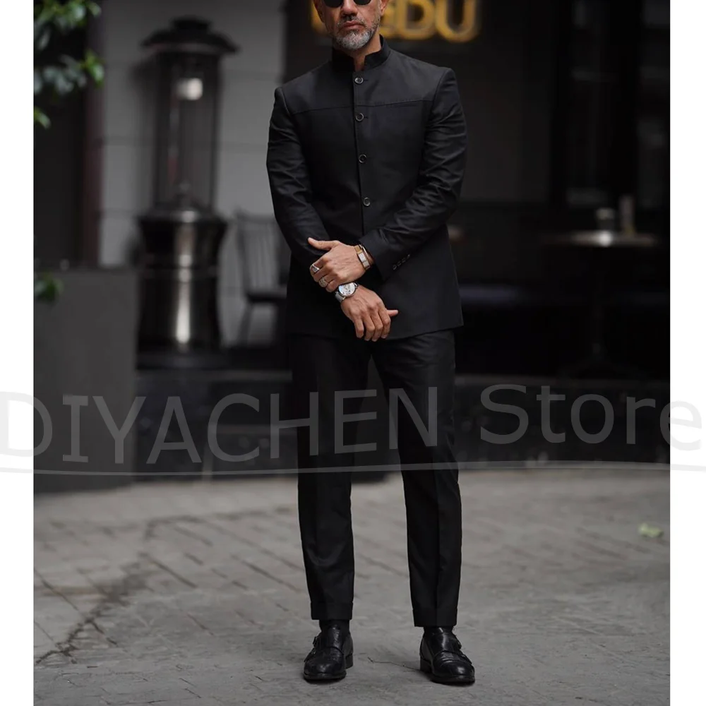 

Мужские костюмы, комплект из 2 предметов, модные однобортные наряды с воротником-стойкой, официальная вечеринка, свадьба, однотонный мужской костюм (пиджак + брюки)