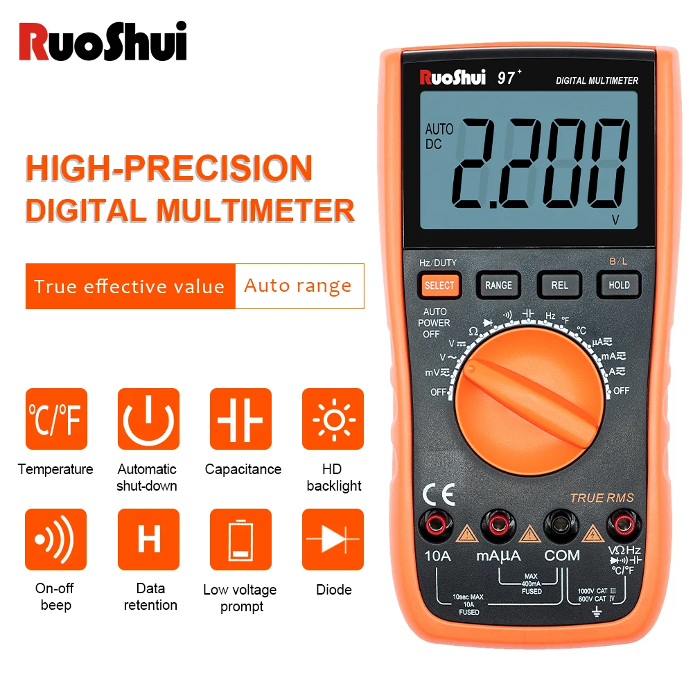 RuoShui 97+ Multimeter True RMS AC DC Voltmeter Ammeter Tester 1000V 20A Capacitance Frequency Resistance LED Digital Multimetro