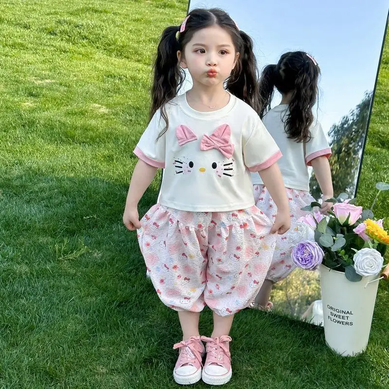 

ГОРЯЧИЙ детский летний костюм Hello Kitty Sanrio для девочек, хлопковые штаны с короткими рукавами с героями мультфильмов, Kawaii, модная модная одежда для отдыха, новинка