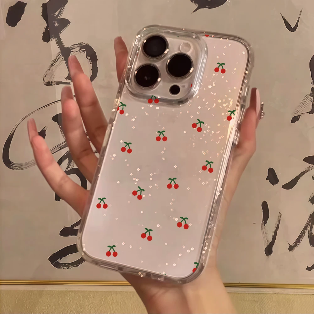 Simple cherry Flowers Clear Glitter Phone Case For iPhone 17 15 13 16 12 11 14 Pro Max 17 Air XR X 16e Cases Shockproof Cover view 3