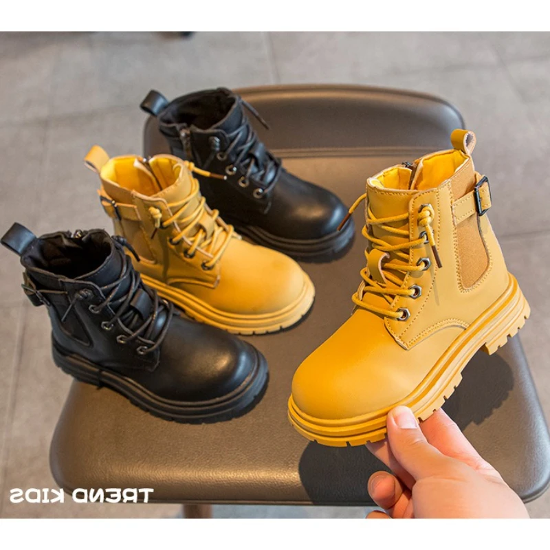 

British Fashion Children Leather Boots Spring Autumn Breathable Kids Boys High Top Casual Sneakers Girl Student Ankle Boot Shoes