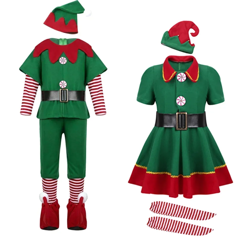 

Christmas Santa Claus Costume Green Elf Cosplay Family Carnival Party New Year Fancy Dress Clothes Set For Men Women Girls Boys