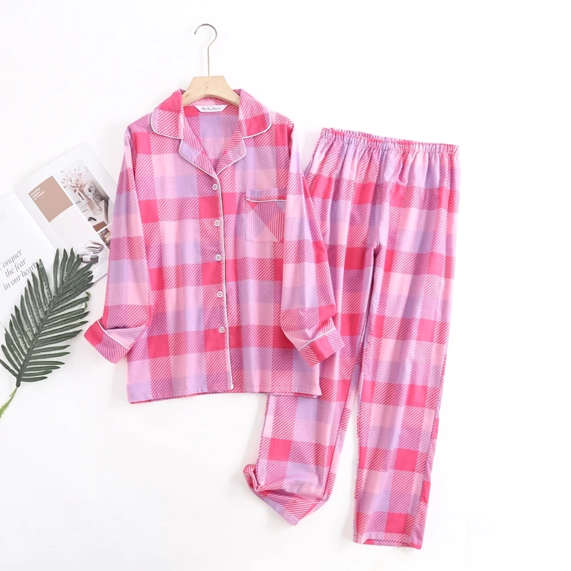 

Various Color Plaid Pajama Set Featuring A Long-Sleeve Lapel Buttons Top And Long Pant Pockets Contrast Design Women's Sleepwear
