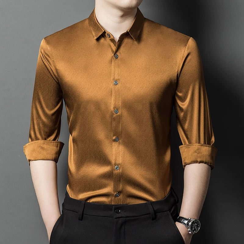 Skin-Friendly Premium Silk Shirts For Men Long Sleeve Solid Color Autumn Quality Lightweight Fashion Gentleman Camisas De Hombre