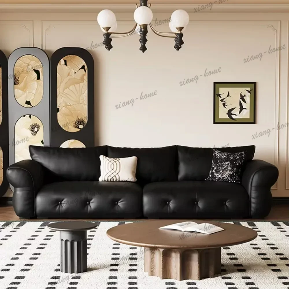 YJ French Retro Genuine Leather Sofa, Button Tufted Solid Wood Frame Large Seating Depth Couch for Living Room Home Furniture
