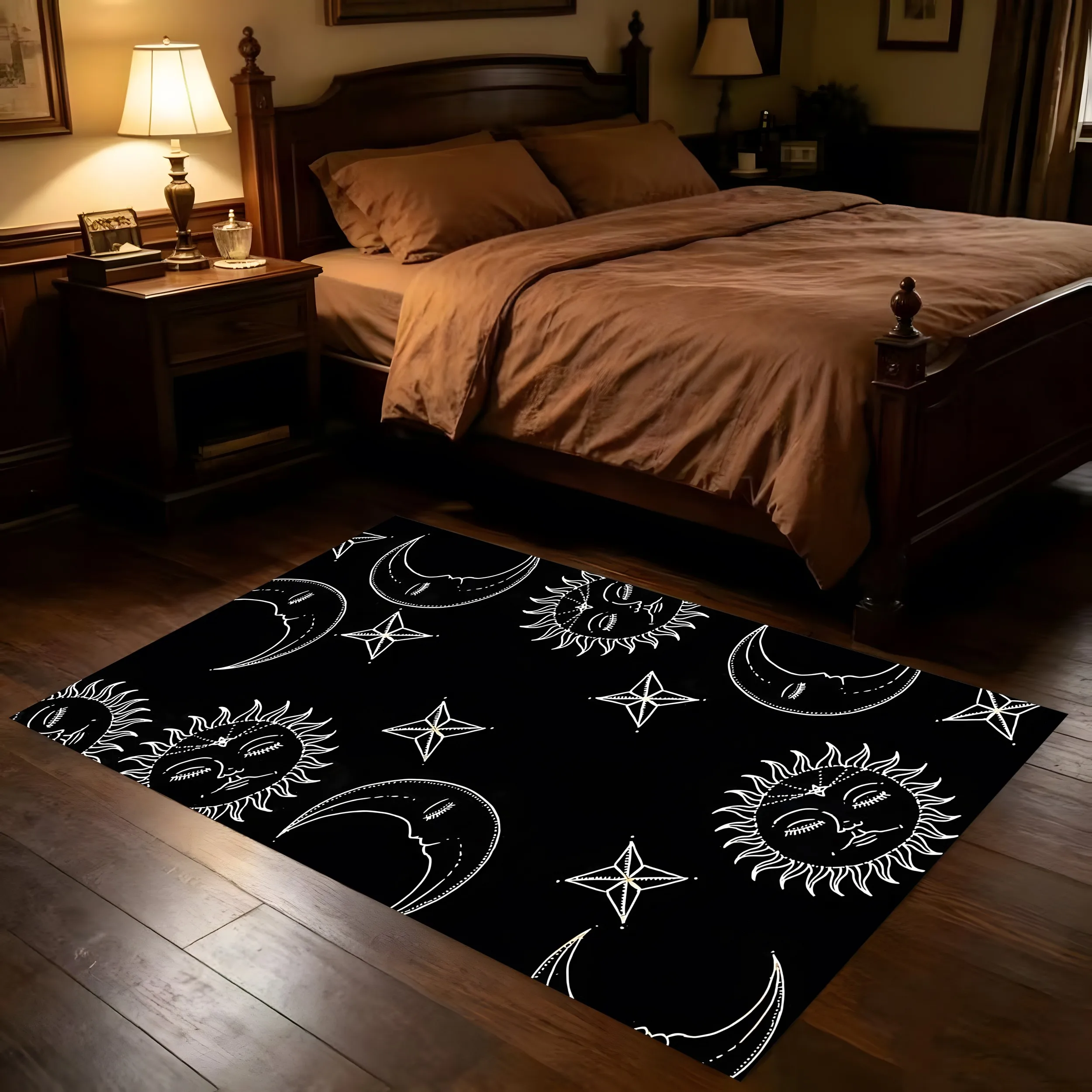 Simple Line Drawing of Sun, Moon and Stars, Dark Retro Style, Suitable for Halloween, Velvet Rug for Entryway, Bedroom and Living Room, Creating a Mysterious and Unique Home Atmosphere